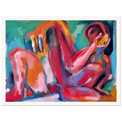 A vibrant abstract painting of a reclining figure, painted with bold strokes of red, pink, orange, and blue, evoking deep emotion.