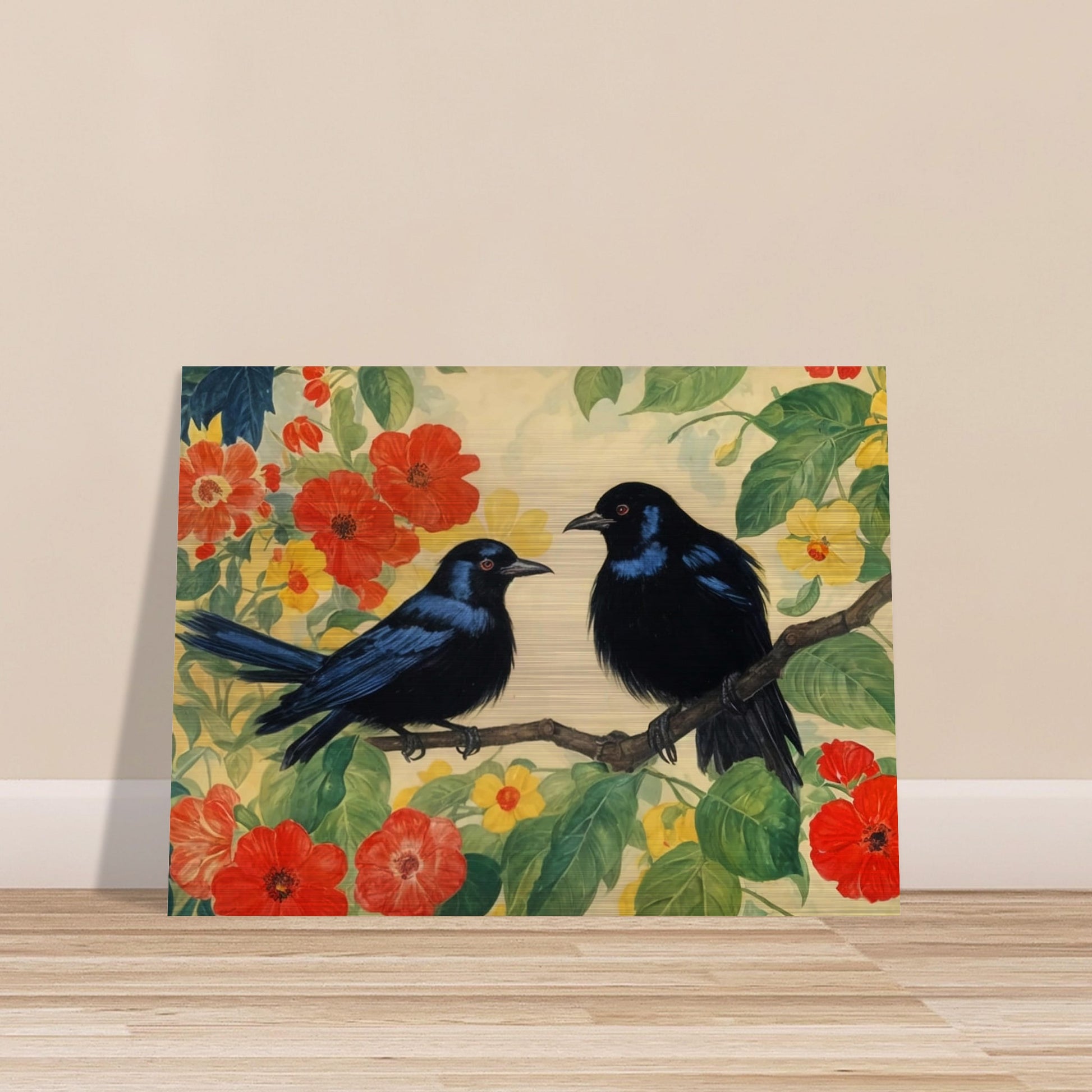 "A vibrant painting of two black birds perched on a branch surrounded by lush red and yellow flowers and green foliage, set against a soft background."