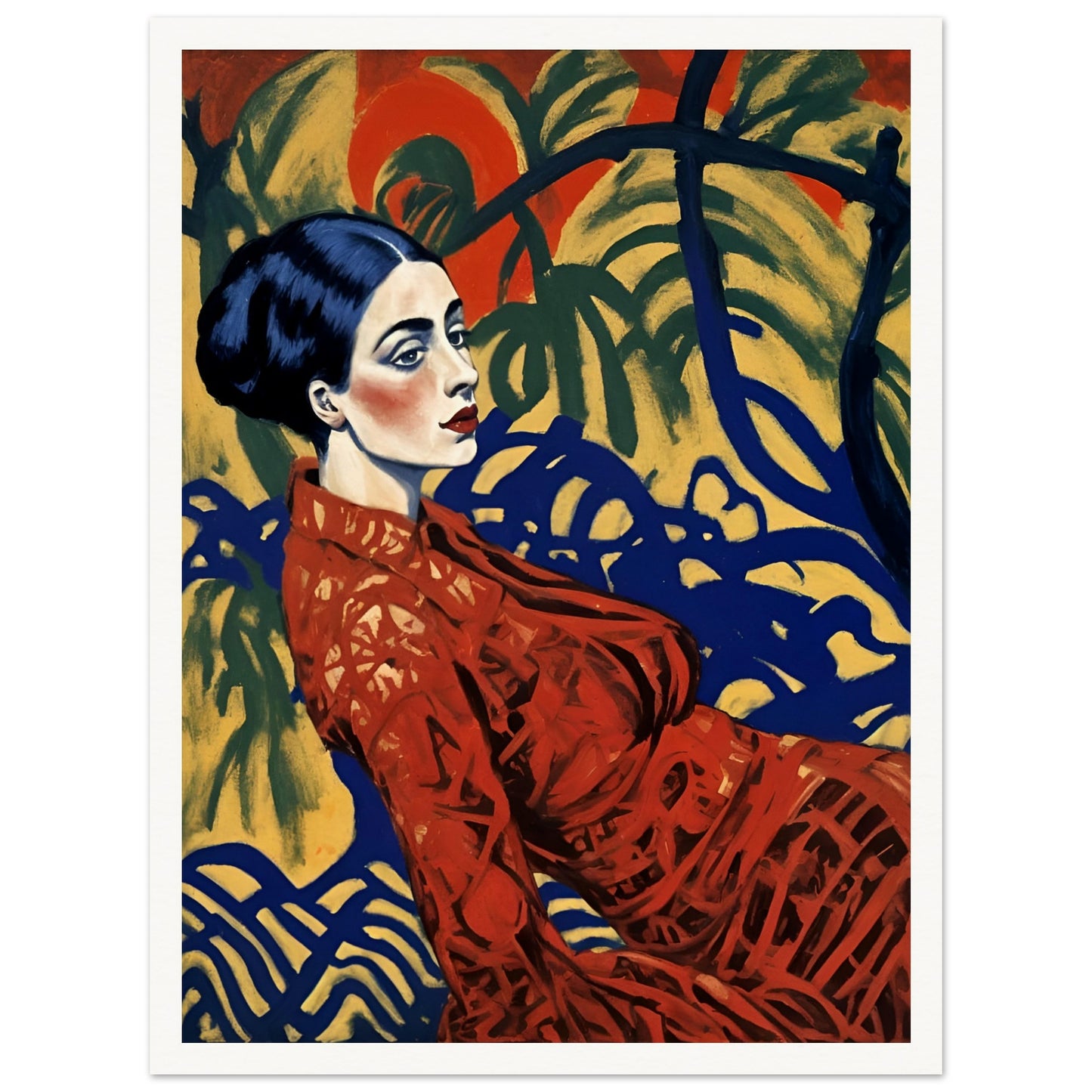 A striking portrait of a poised woman in a red lace dress, set against an expressive tropical backdrop of golden hues and deep blue.