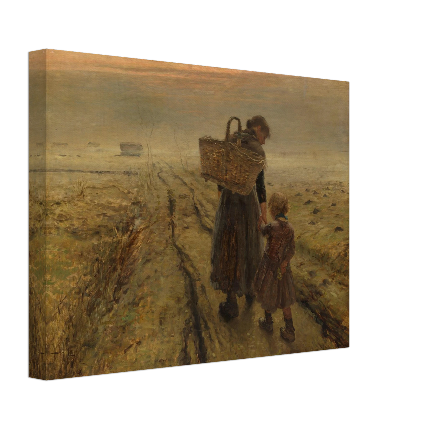 Mother and child walk a misty country path at dusk, with a woven basket and muted earth tones.