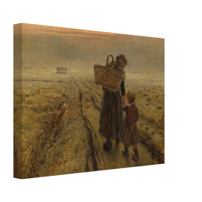 Mother and child walk a misty country path at dusk, with a woven basket and muted earth tones.