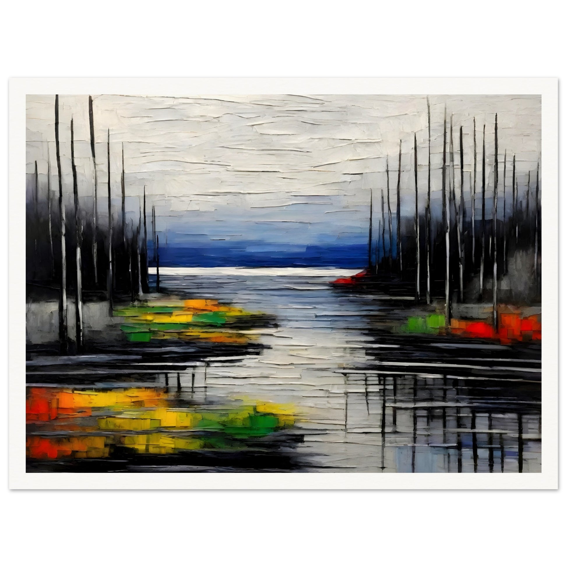 A moody, textured painting of a lake with dark, bare trees reflecting on the water, contrasted by vibrant patches of green, yellow, and red.