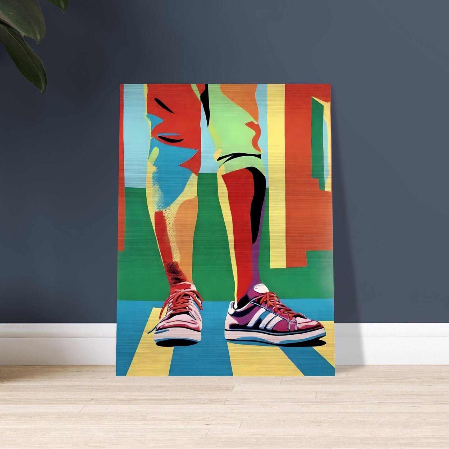 A vibrant painting of legs in colorful pants and bright sneakers, with bold geometric shapes and a playful, modern aesthetic.