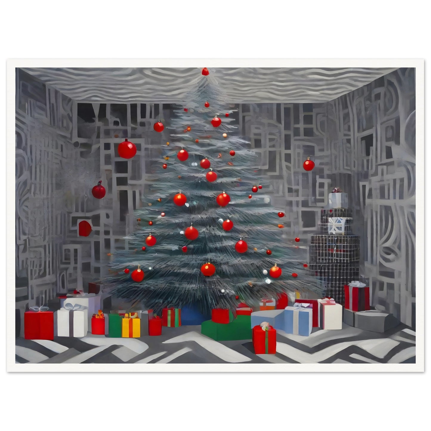 A contemporary holiday scene featuring a decorated Christmas tree with red ornaments, surrounded by colorful wrapped gifts in a geometric-patterned room.