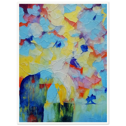 An abstract painting featuring a horse in vibrant colors with a textured, layered background. The use of bold blues, yellows, and reds creates a dynamic and whimsical scene.