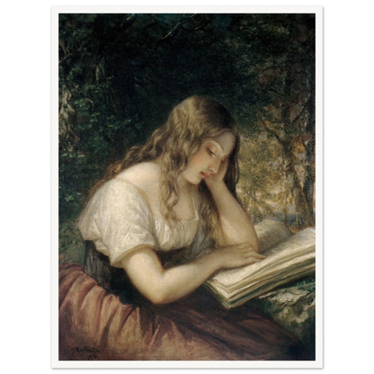 A young girl sits outdoors reading a large open book in a shaded woodland setting.