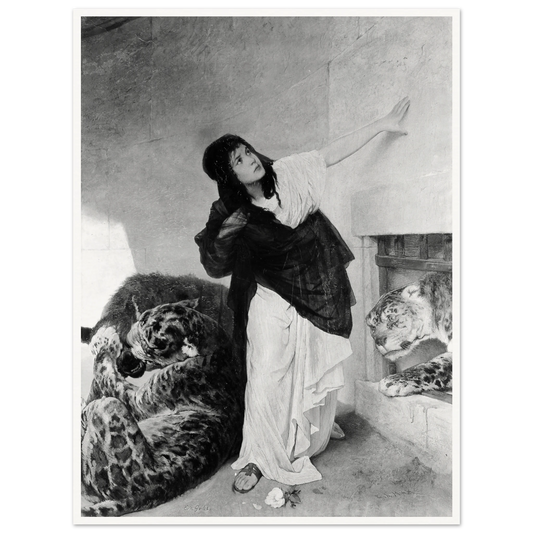 A woman in flowing robes gestures upward beside two resting tigers in a dramatic Orientalist scene.