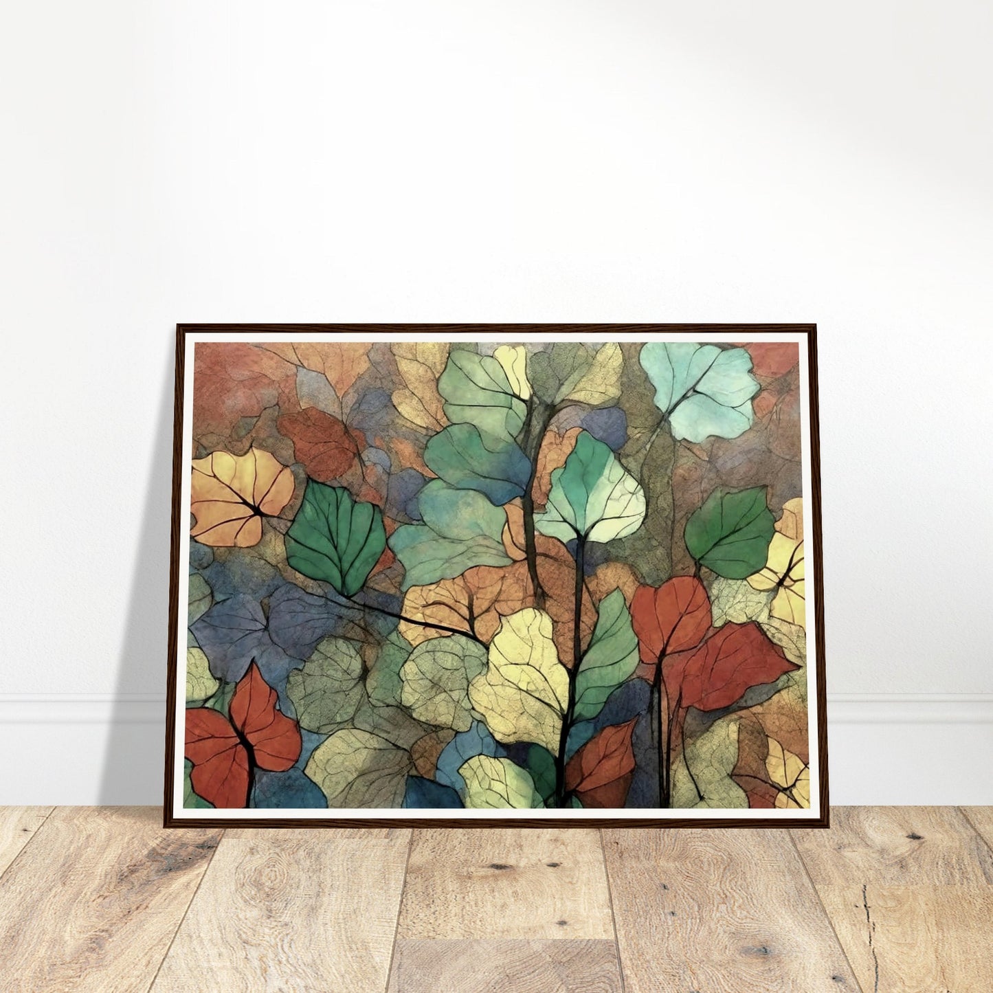 A colorful composition of overlapping leaves in shades of green, yellow, orange, and blue, creating a delicate and textured pattern that evokes the beauty of nature.