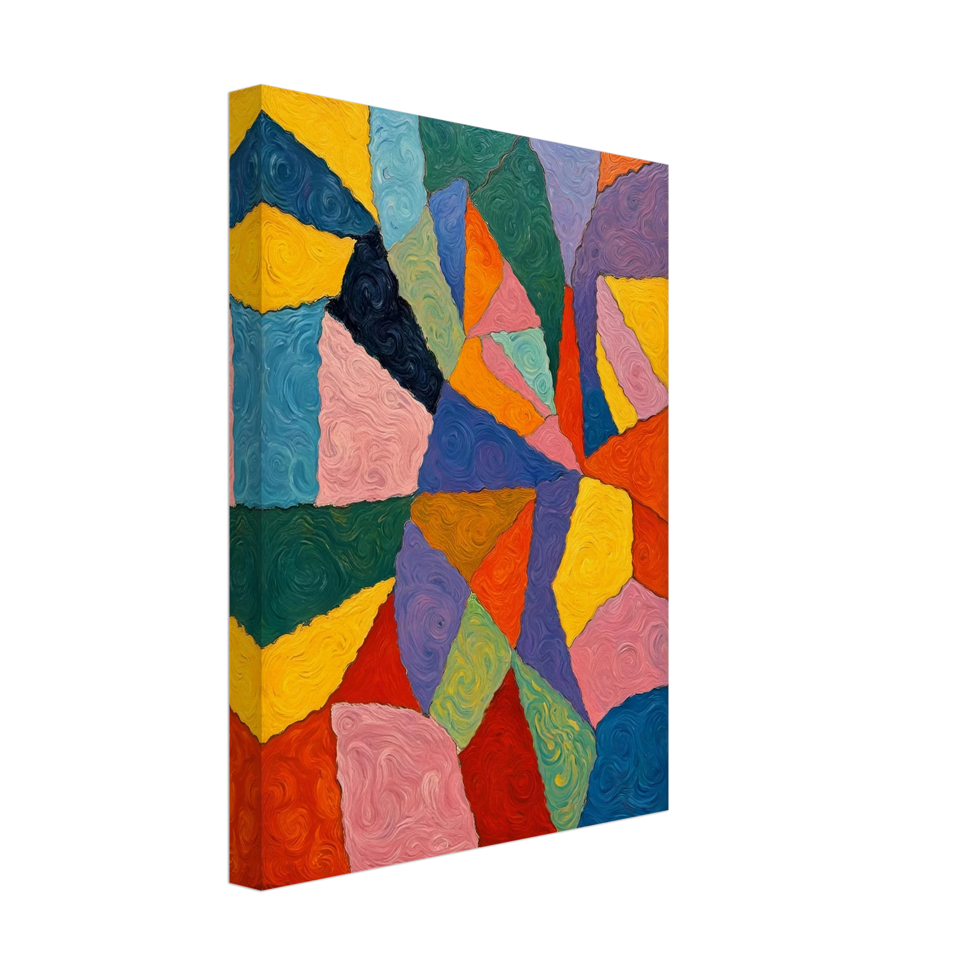 Vivid oil painting with swirling, colorful shapes in bold primary hues forming an intricate geometric mosaic.