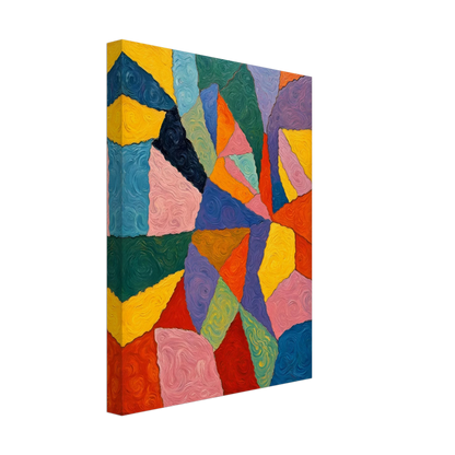 Vivid oil painting with swirling, colorful shapes in bold primary hues forming an intricate geometric mosaic.