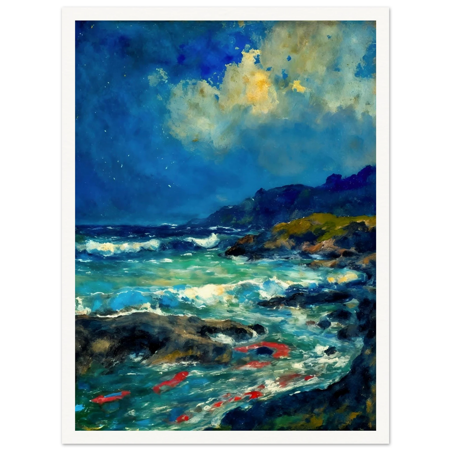Turquoise waves rush through dark rocks below glowing clouds and distant coastal hills.