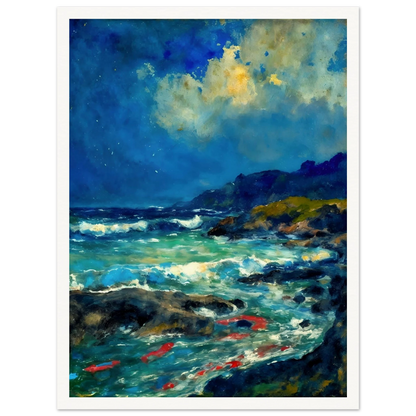Turquoise waves rush through dark rocks below glowing clouds and distant coastal hills.