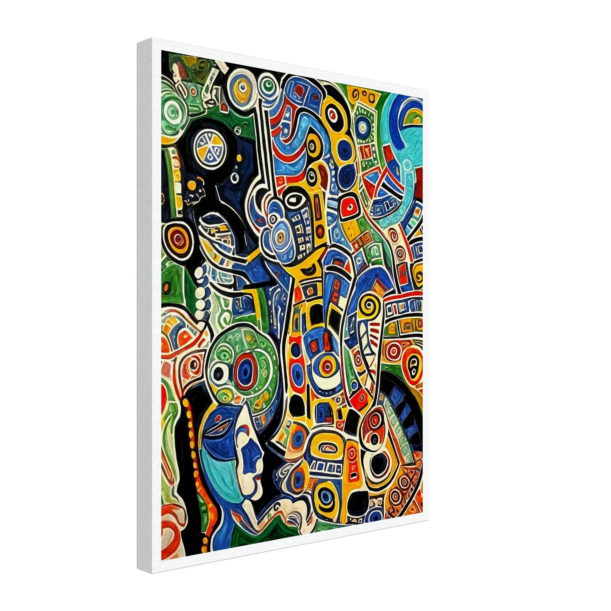 Bold and intricate abstract patterns in vibrant colors like blue, red, yellow, and green, forming a dynamic and energetic composition of swirling shapes.