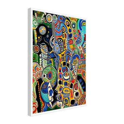 Bold and intricate abstract patterns in vibrant colors like blue, red, yellow, and green, forming a dynamic and energetic composition of swirling shapes.