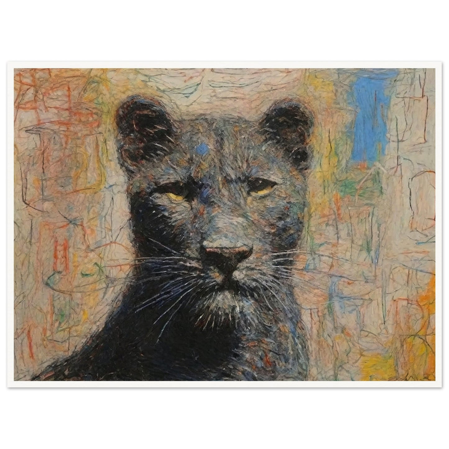 A powerful and regal painting of a panther with piercing yellow eyes and a colorful abstract background.