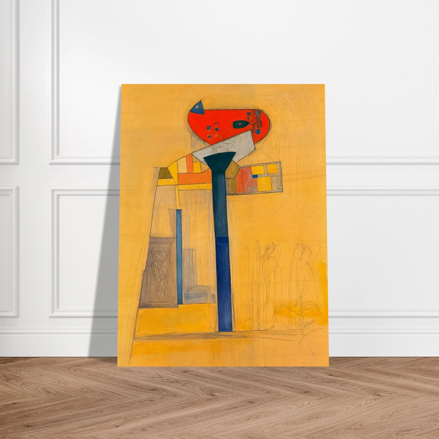 A surreal architectural painting with bold blue and red forms, fine sketches, and golden hues evoking quiet balance and tension.