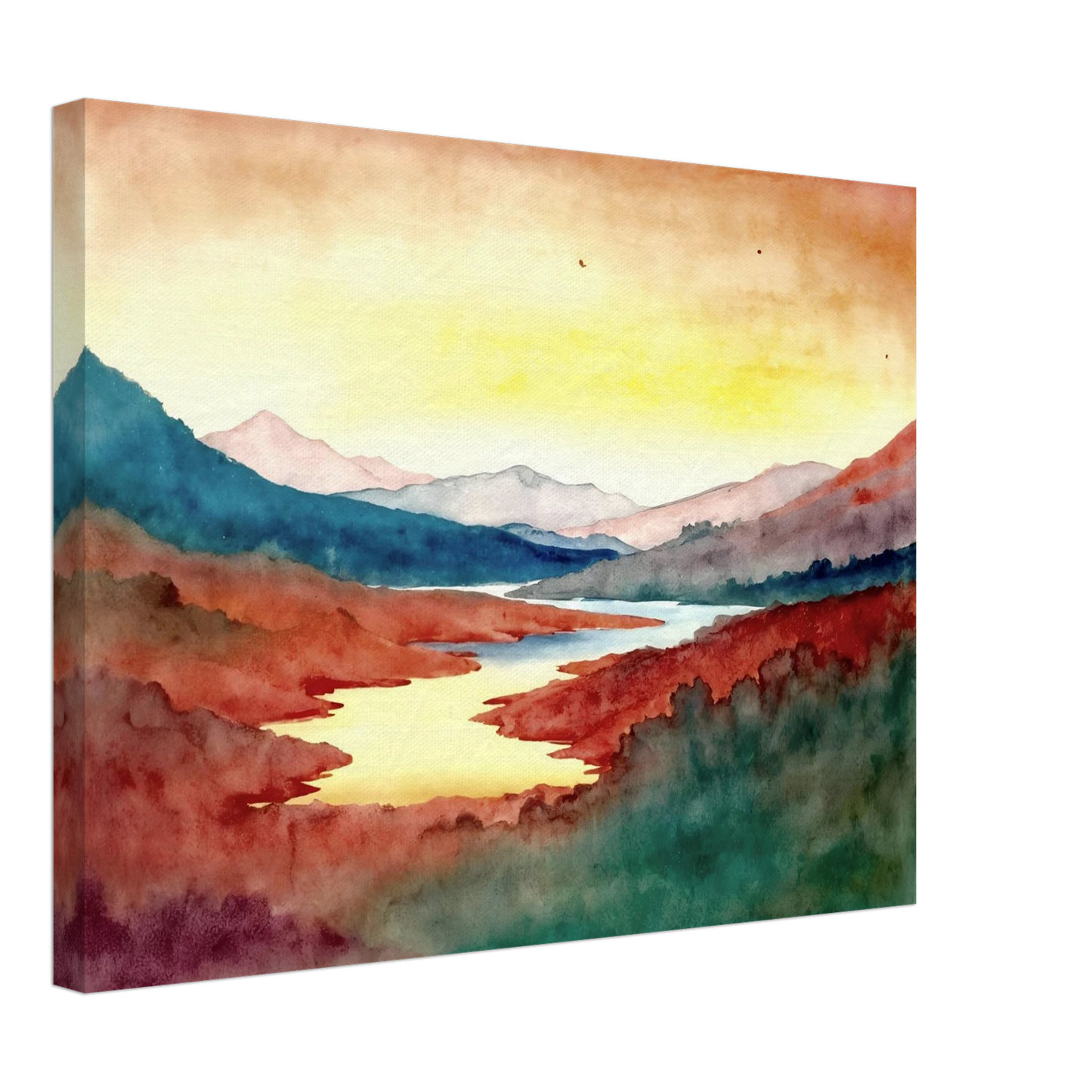 A luminous river winds through crimson hills and distant mountains beneath a glowing sky washed with warm light.