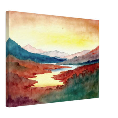 A luminous river winds through crimson hills and distant mountains beneath a glowing sky washed with warm light.