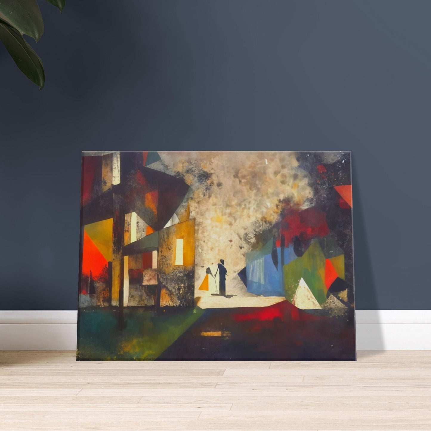 Abstract painting with silhouettes of two figures in a fragmented geometric cityscape, featuring vibrant hues of red, blue, and yellow.