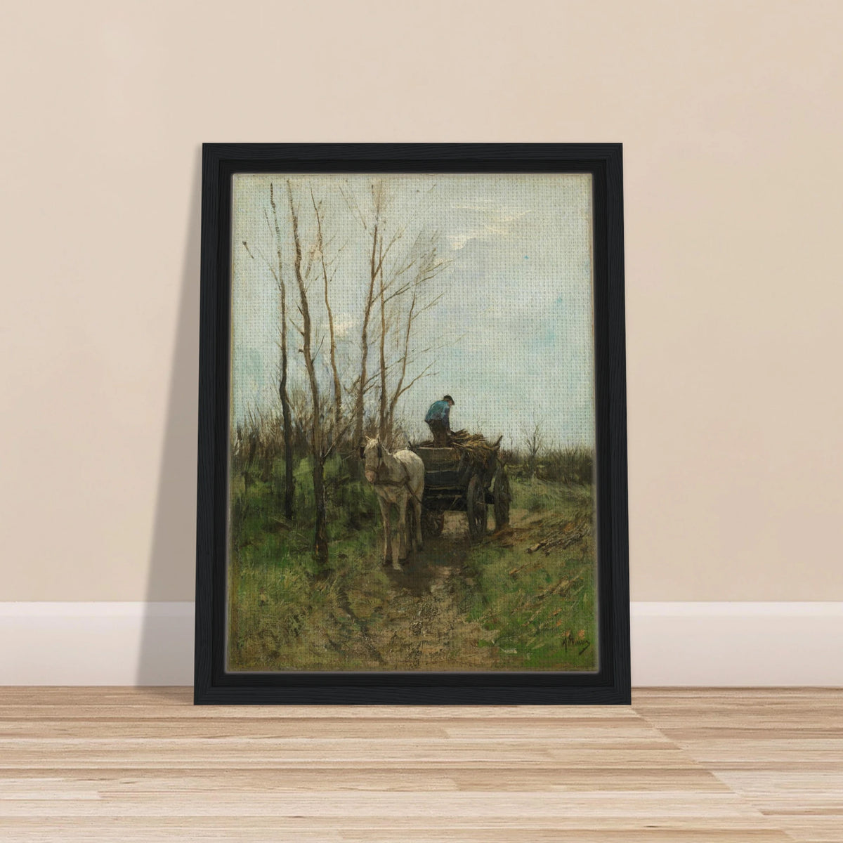 A man loads branches onto a horse cart along a muddy lane beneath bare trees.