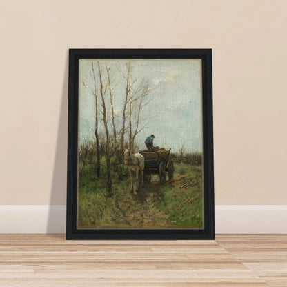 A man loads branches onto a horse cart along a muddy lane beneath bare trees.