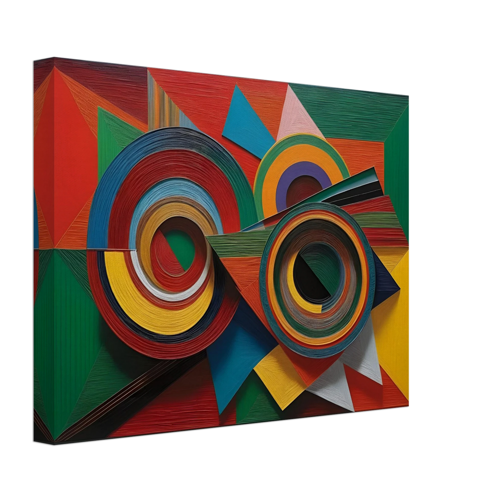 Vivid geometric painting with intersecting concentric circles and sharp-edged forms in bold reds, greens, blues, and yellows.