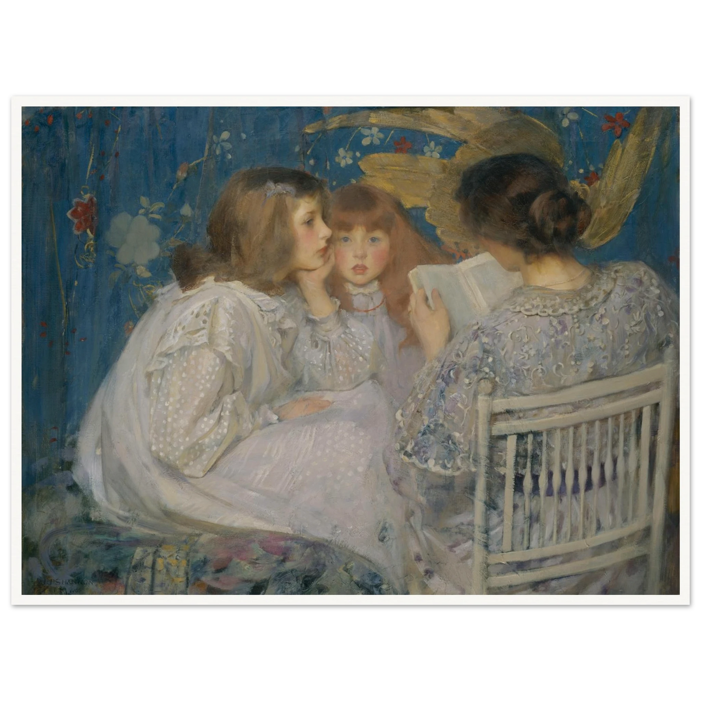 Woman reads to two children against a blue floral backdrop in a soft domestic scene