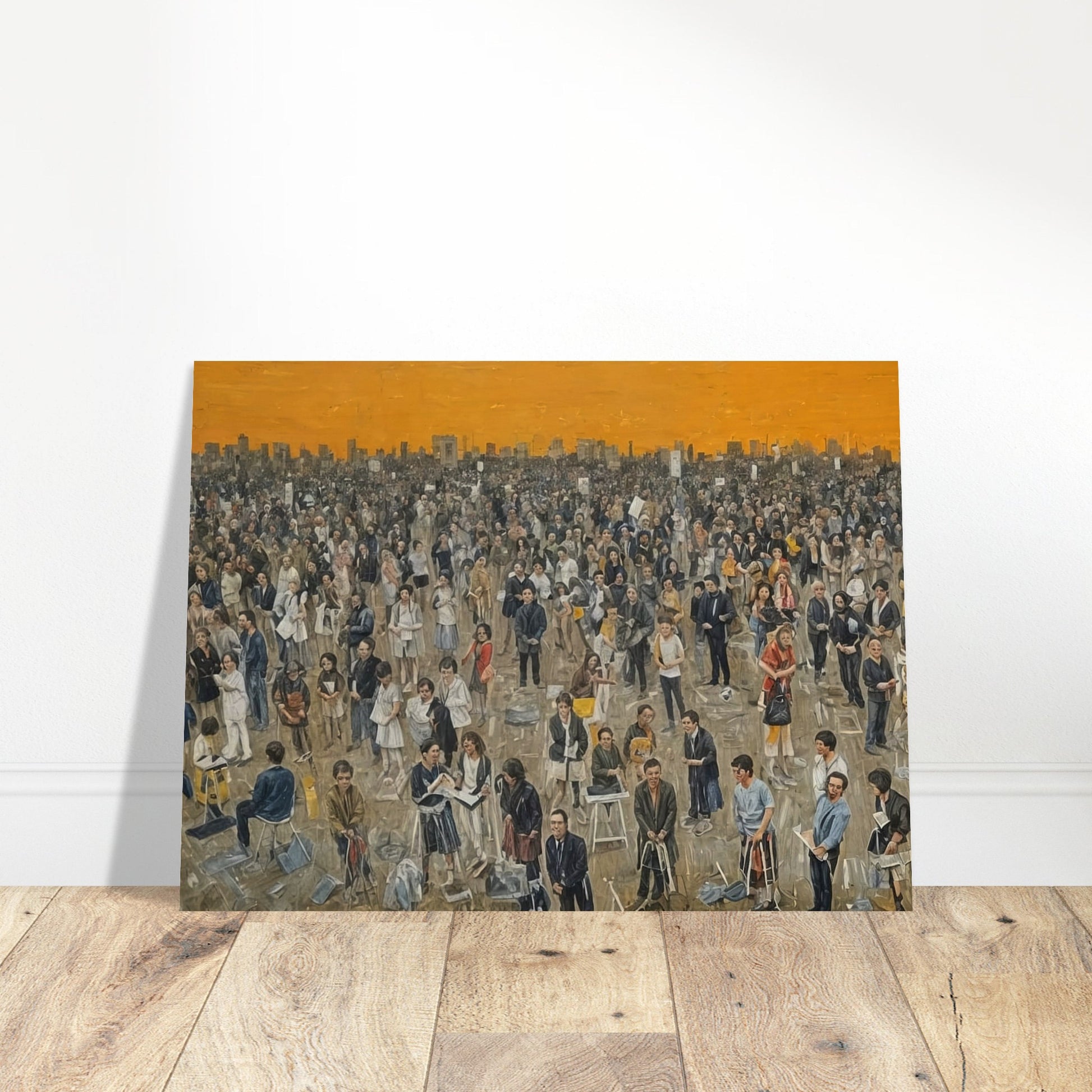 A detailed painting of a large crowd of people gathered in an open space under a vibrant orange sky at sunset. The diverse crowd features individuals engaged in various activities, with the city skyline visible in the background.