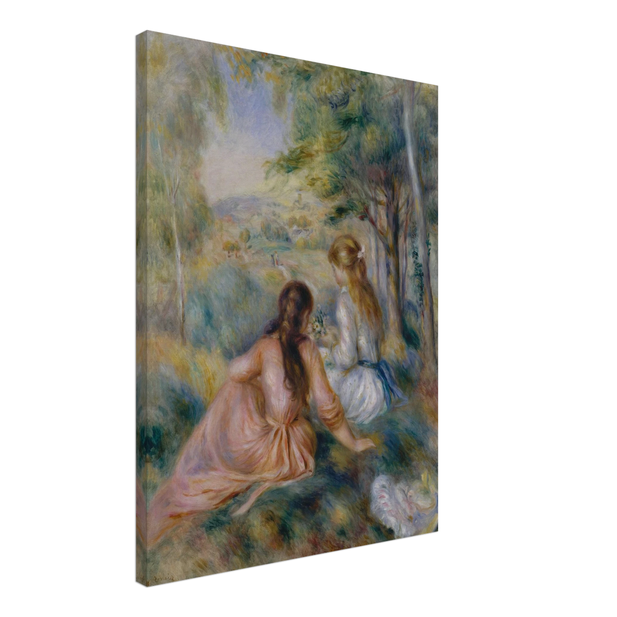 Two girls in pastel dresses sit among trees and flowers in a soft impressionist meadow.
