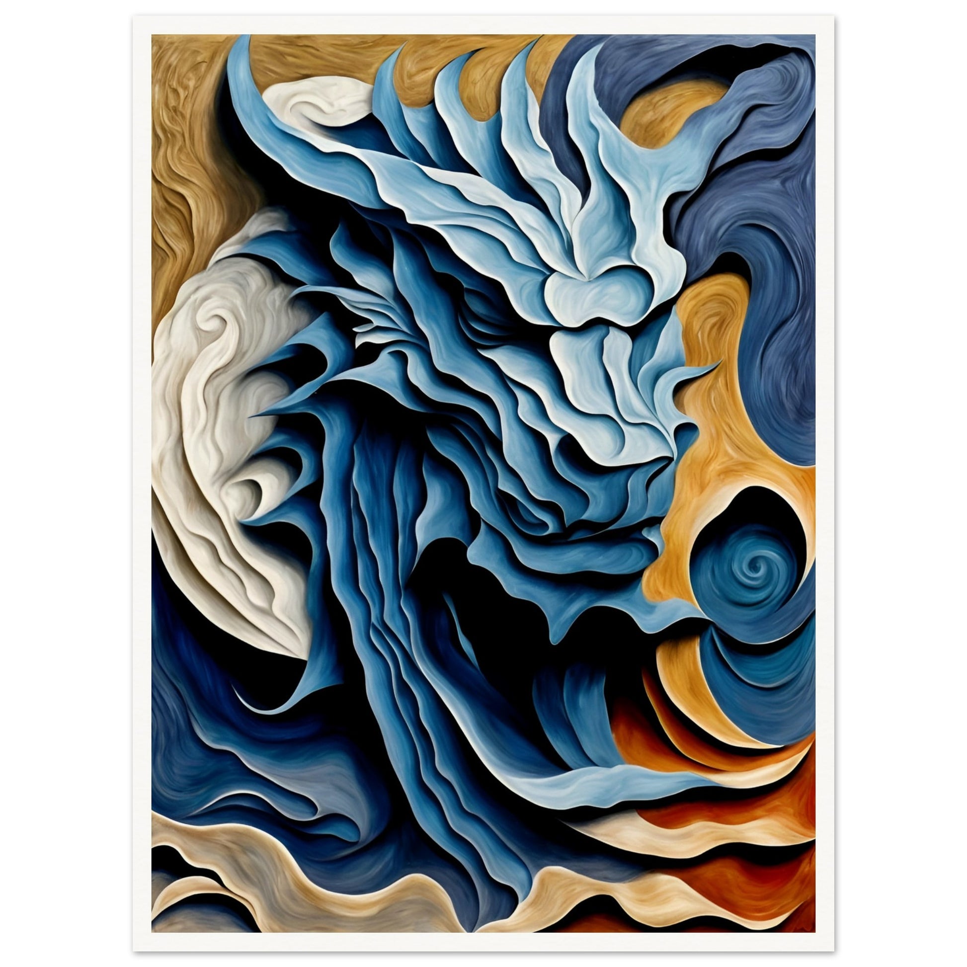 A swirling, dragon-like form emerges in shades of blue, white, and gold, evoking movement, energy, and mythical power.