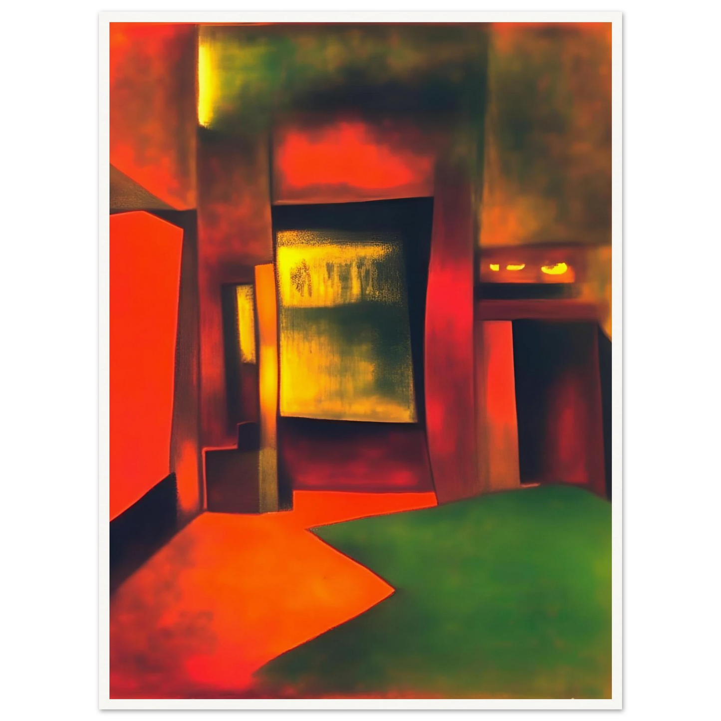 An interior-like scene bathed in glowing red, gold, and green light, forming bold shapes that evoke mystery and warmth.