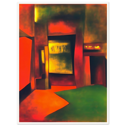 An interior-like scene bathed in glowing red, gold, and green light, forming bold shapes that evoke mystery and warmth.