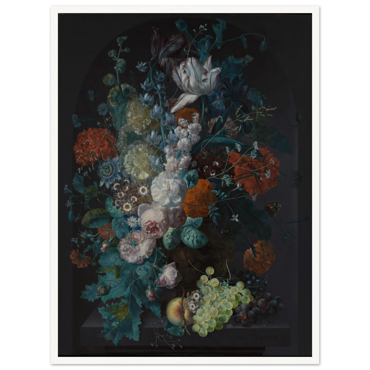 Lavish bouquet of tulips, roses, and peonies with grapes and peaches against a dark background.