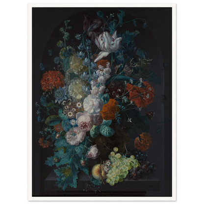 Lavish bouquet of tulips, roses, and peonies with grapes and peaches against a dark background.
