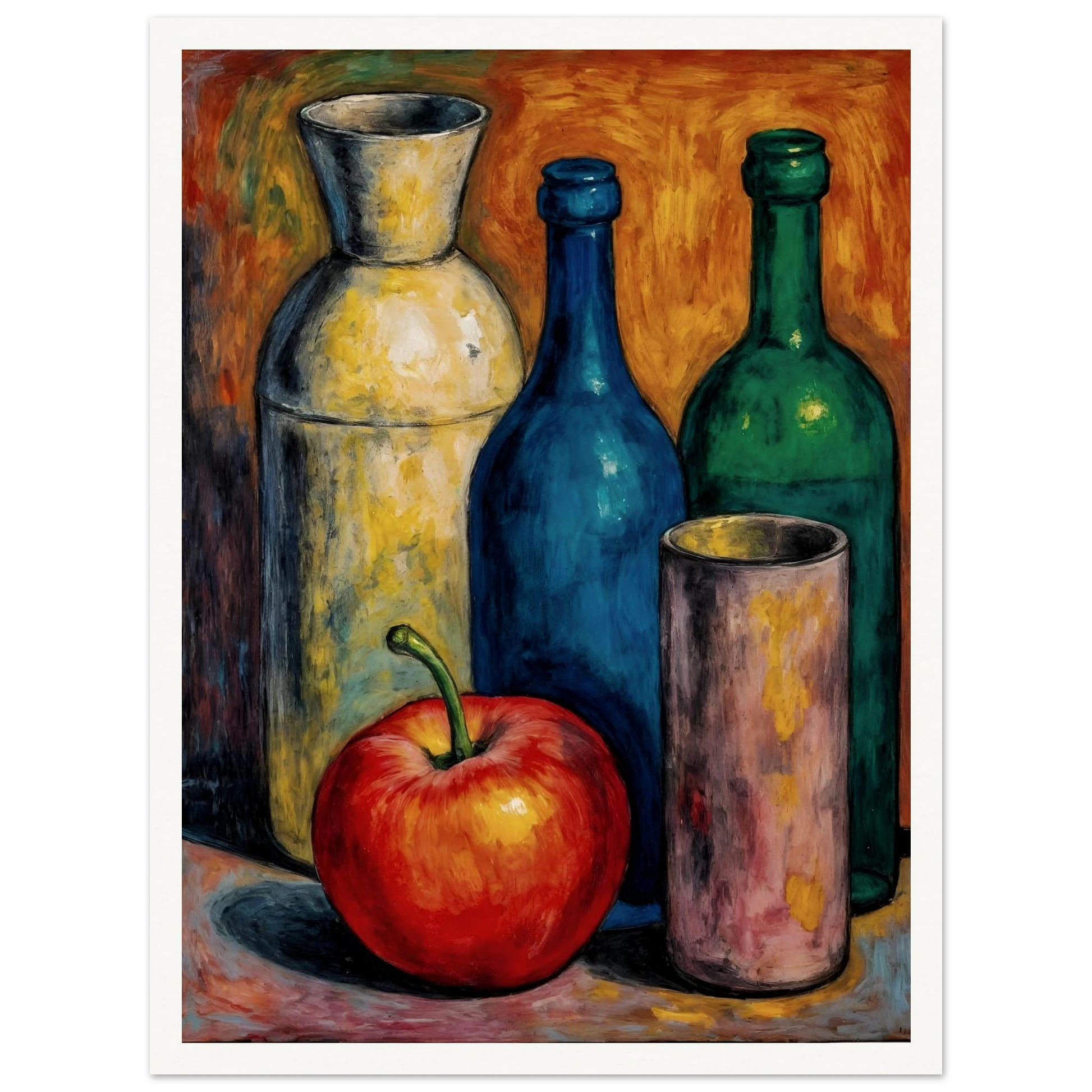 A luminous red apple rests before blue, green, and ivory bottles against a fiery amber backdrop, blending warmth, contrast, and vintage stillness.