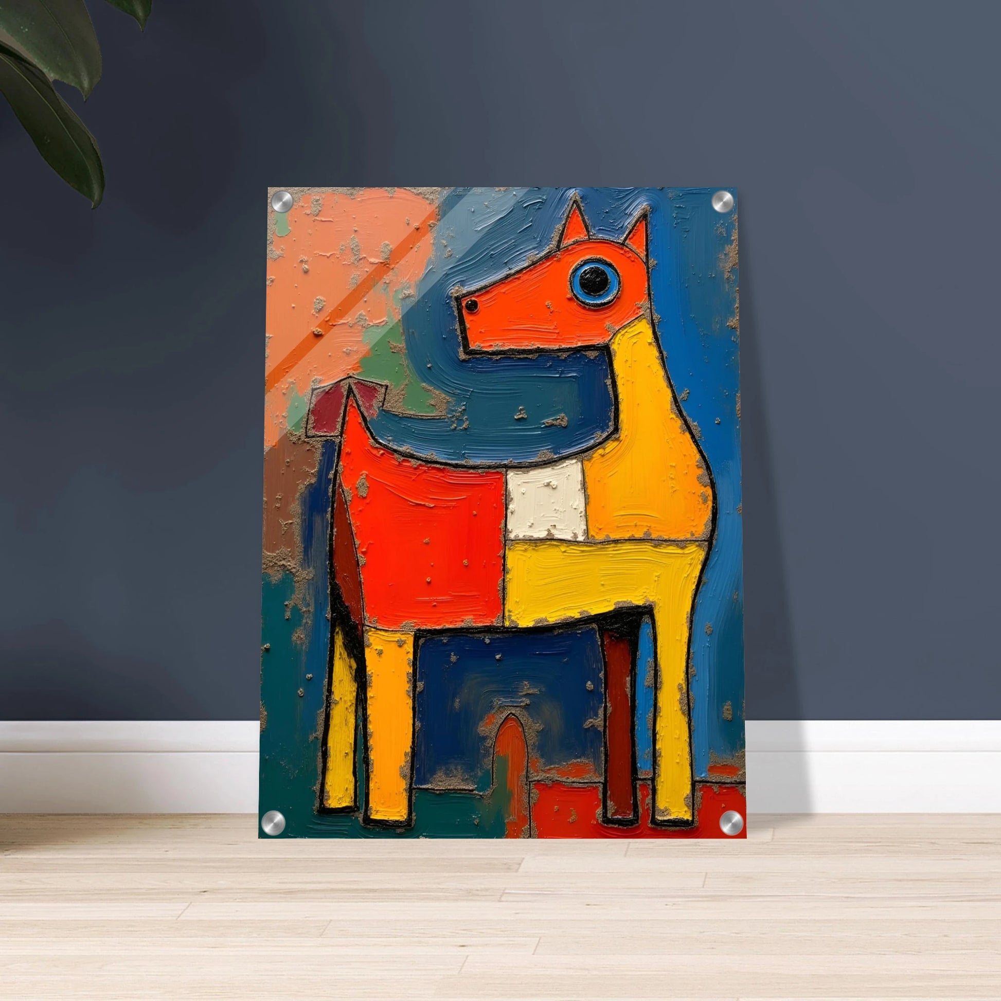 A bold, textured painting of a stylized horse in bright red, yellow, and blue tones, radiating playful and untamed energy.