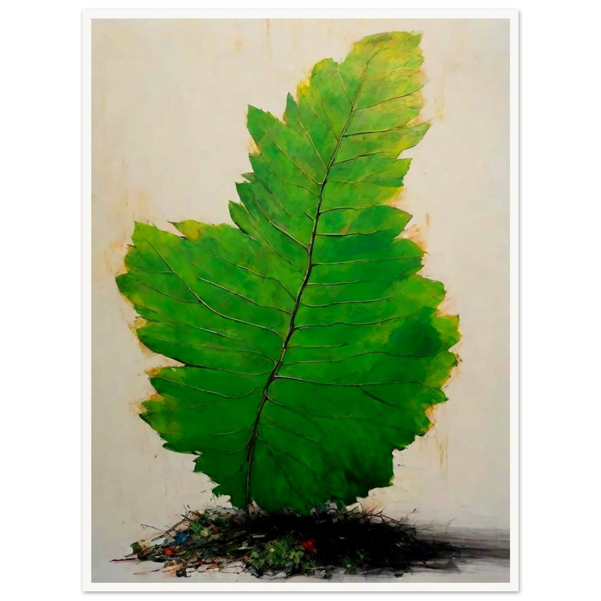 A large, vivid green leaf standing upright against a light background, with intricate veins and subtle texture, emerging from a small mound of organic debris.