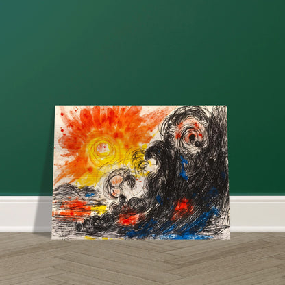 A blazing orange sun erupts above chaotic black waves and swirling forms, where fiery reds and deep blues collide in a turbulent seascape.