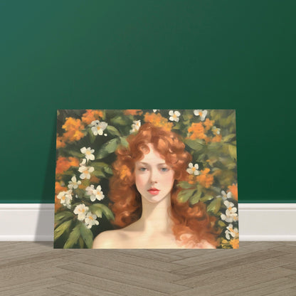 A delicate portrait of a woman with flowing red curls, surrounded by lush green foliage and blooming white and orange flowers, evoking a dreamlike elegance.