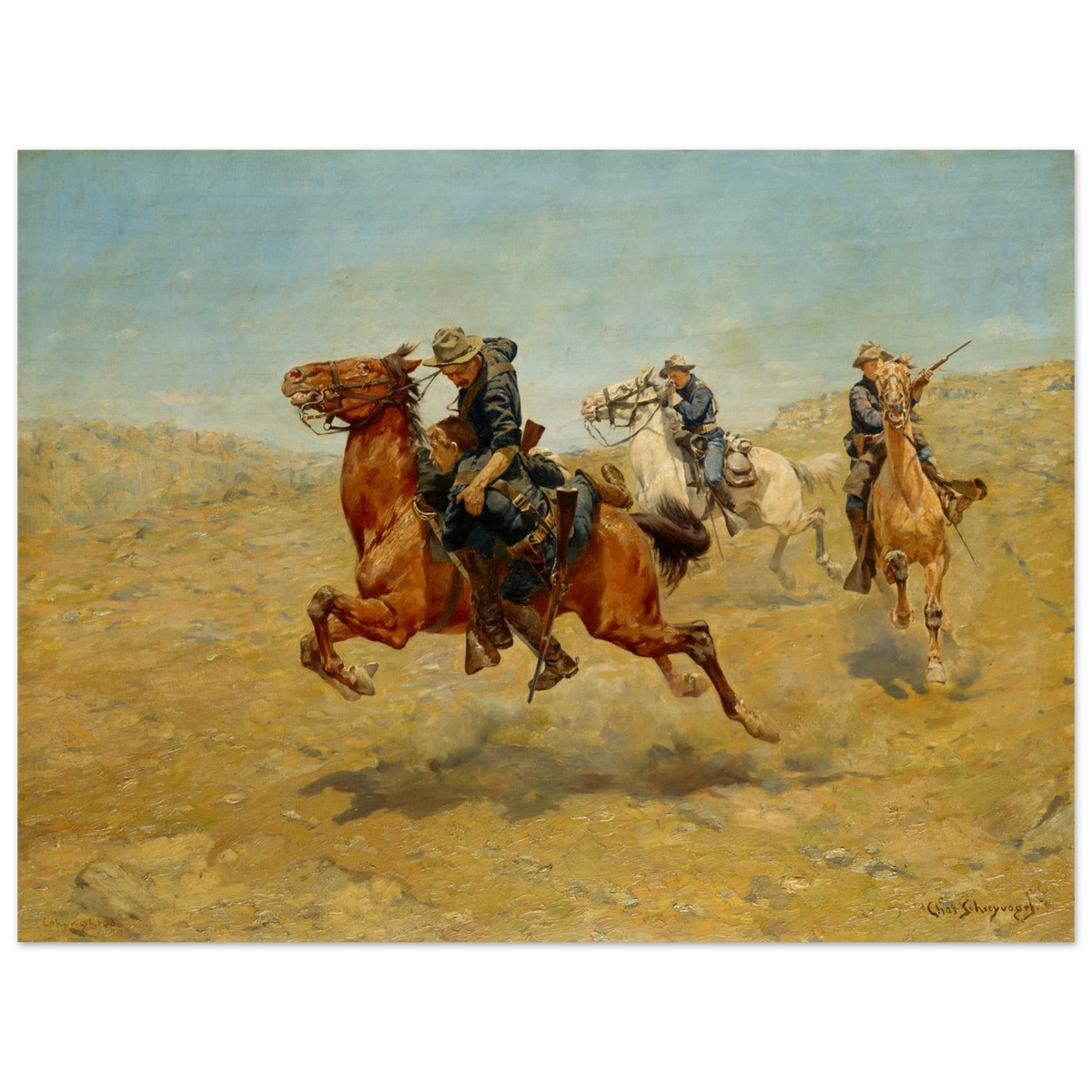 Cavalrymen ride across a dusty plain, with one soldier rescuing another on horseback.