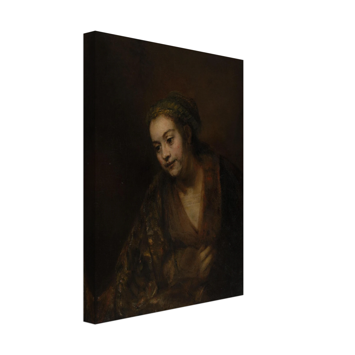 A softly lit woman looks downward while holding her robe against a dark brown background.