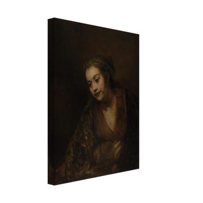 A softly lit woman looks downward while holding her robe against a dark brown background.