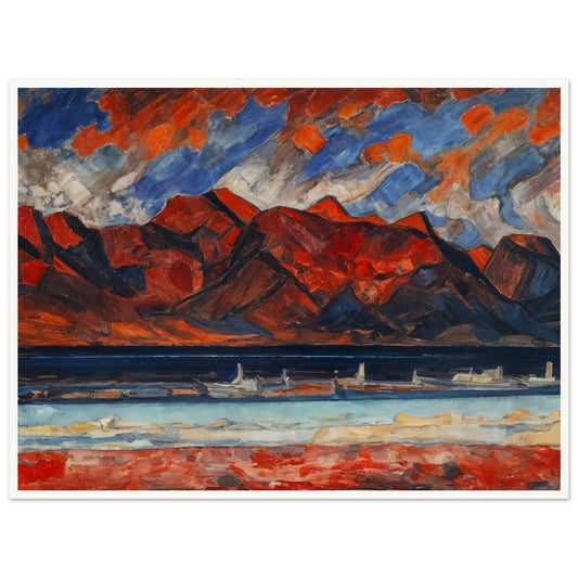 A striking landscape painting with red mountains under a dramatic sky, reflecting vibrant hues in a serene body of water.