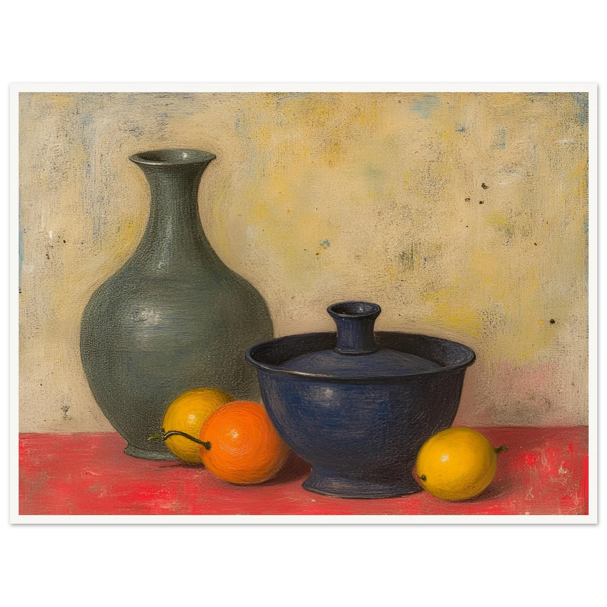 Blue and green ceramic vessels rest on a red surface beside lemons and an orange, against a softly textured neutral wall.