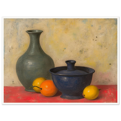 Blue and green ceramic vessels rest on a red surface beside lemons and an orange, against a softly textured neutral wall.