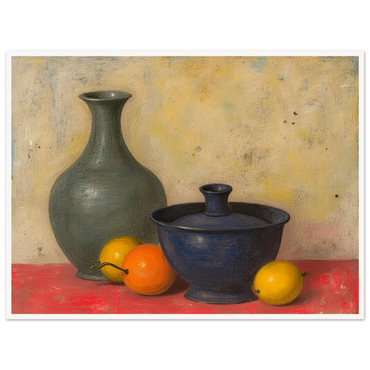 Blue and green ceramic vessels rest on a red surface beside lemons and an orange, against a softly textured neutral wall.