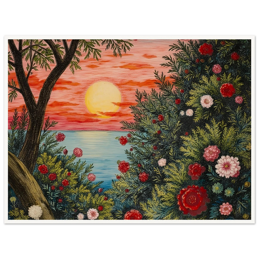 A vivid sunset over the ocean framed by lush bushes filled with red, pink, and white flowers.
