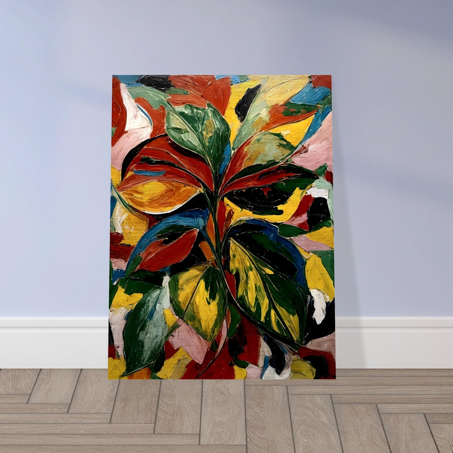 A bold and textured painting of vibrant leaves in dynamic shades of green, red, yellow, and orange, set against an abstract colorful background.