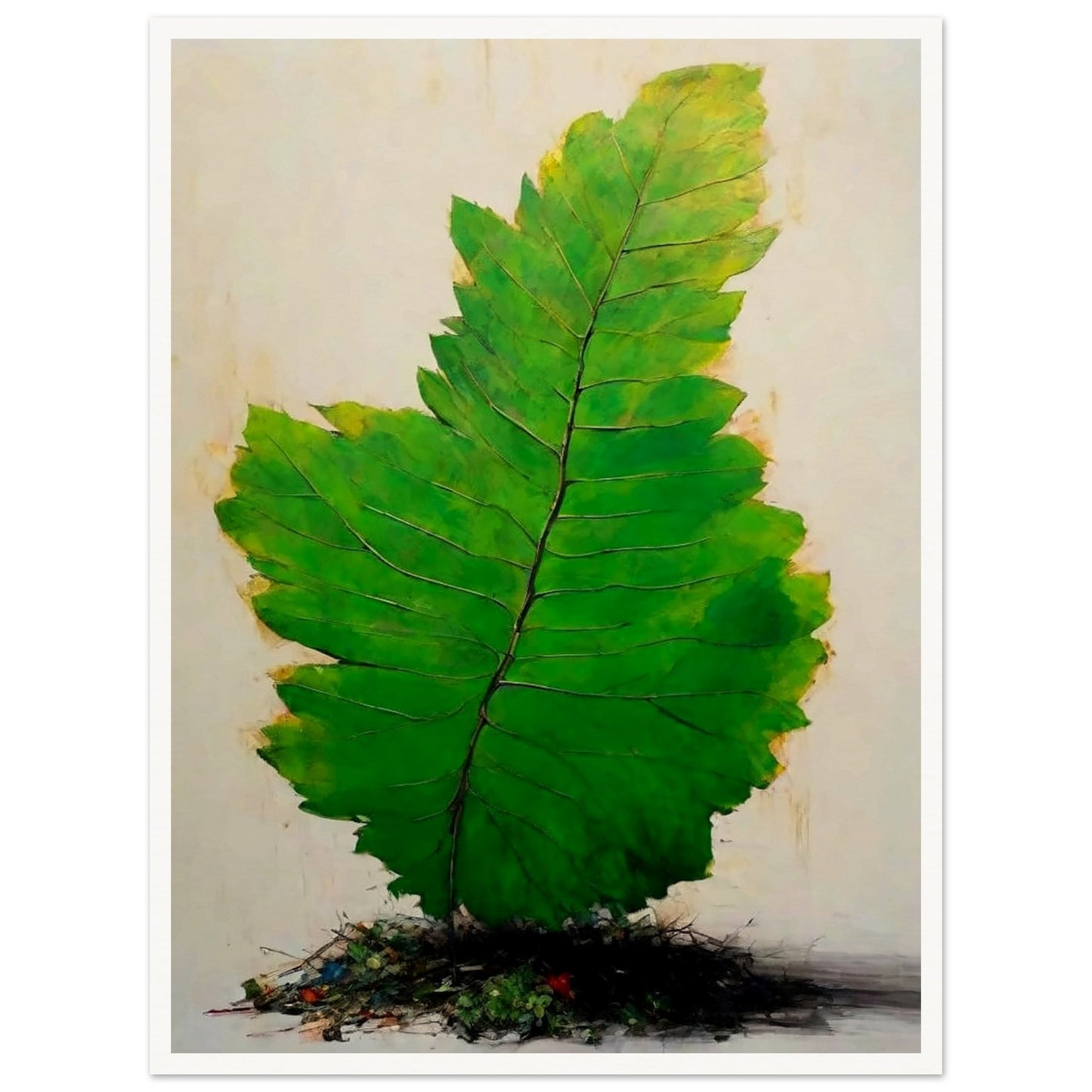 A large, vivid green leaf standing upright against a light background, with intricate veins and subtle texture, emerging from a small mound of organic debris.