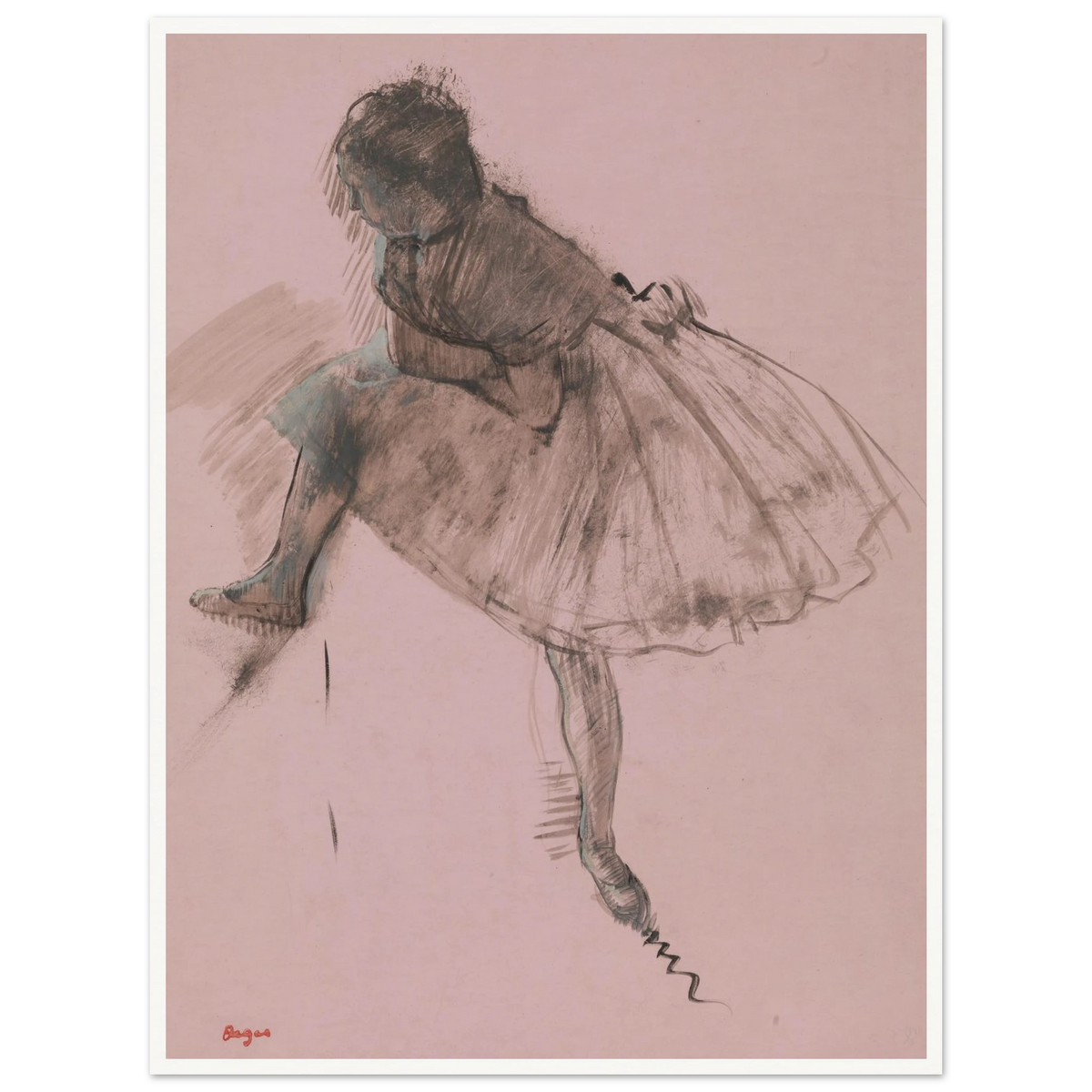 A seated ballerina in a full tutu bends forward, rendered in dark strokes on soft pink paper.